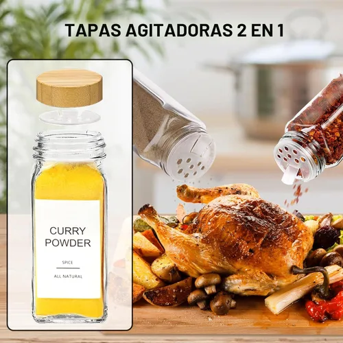 Miniatura 5 de AISIPRIN Tarros de especias de vidrio con 398 etiquetas, 24 piezas de recipientes de especias de 4 onzas con tapas de bambú, botellas cuadradas