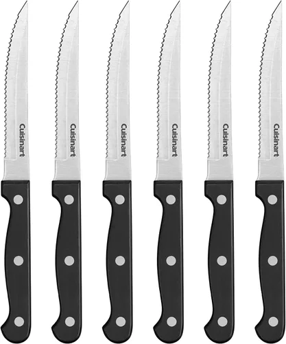 Juego de cuchillos Cuisinart, juego de 6 cuchillos para carne con hojas de acero para un corte preciso, ligero, acero inoxidable y duradero, Negro