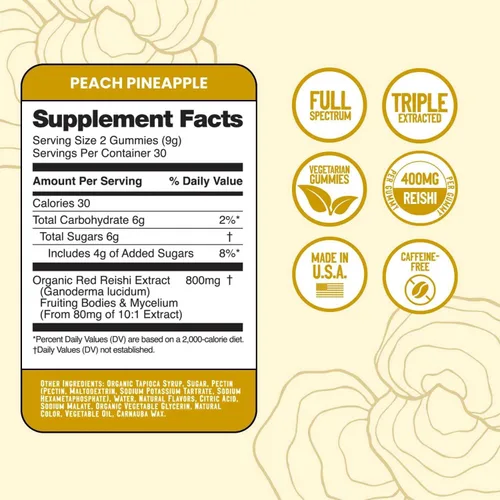 Miniatura 7 de Tspacious - Gomitas calmantes Reishi con sabor natural a piña y melocotón, sin gelatina, sin gluten y vegetarianas, 60