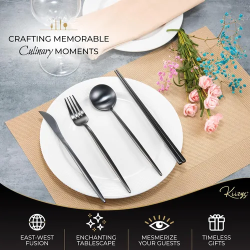 Miniatura 4 de KiiZYs Juego de cubiertos negro mate – Juego de cubiertos modernos de 14 piezas de acero inoxidable – Palillos de metal para cocina, tenedor
