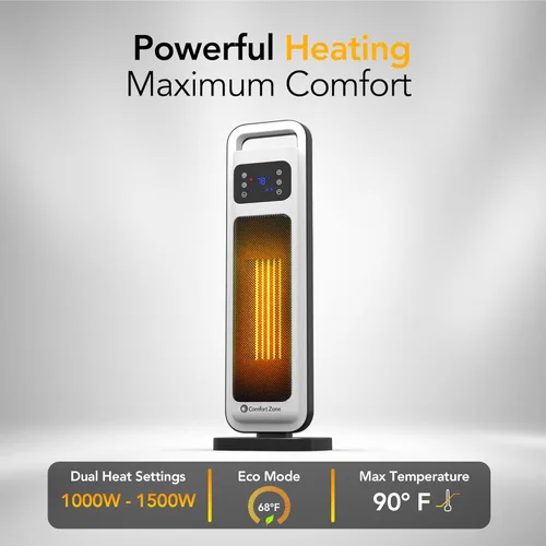 Miniatura 6 de Comfort Zone Calentador de espacio de torre de 26 pulgadas y 1500 W para uso en interiores, control remoto, termostato ajustable, temporizador de 24