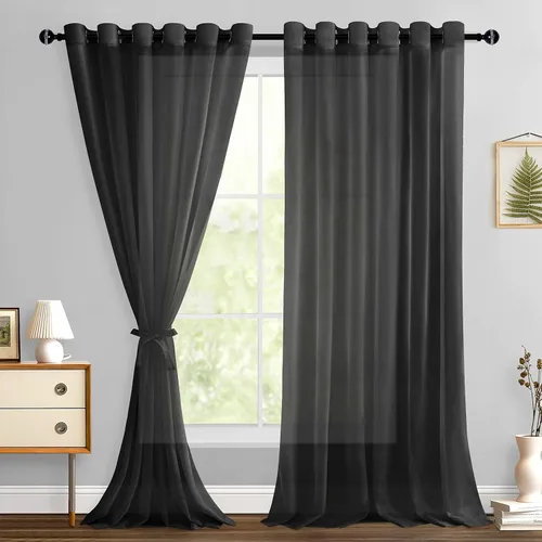 Miniatura 189 de Hiasan - Cortinas traslúcidas de gasa cortas semitransparentes con ojales y alzapaños filtrantes de luz para ventana, dormitorio, baño, 2 paneles