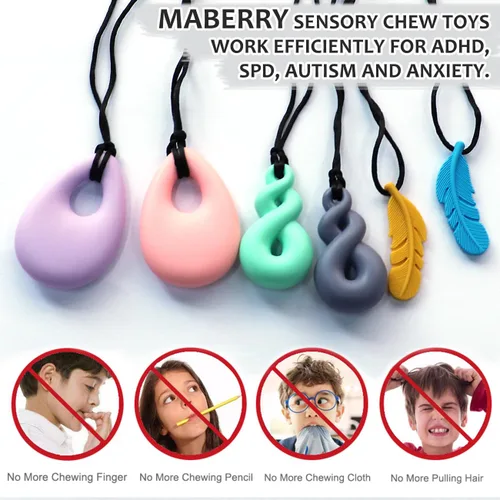 Miniatura 4 de Collares masticables sensoriales para niños y niñas, paquete de 6 collares masticables de silicona para niños y adultos, con autismo, ansiedad