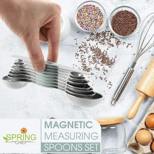 Miniatura 2 de Spring Chef - Juego de 8 cucharas medidoras magnéticas de acero inoxidable con nivelador, cucharadita y cucharada de metal, para hornear y cocinar