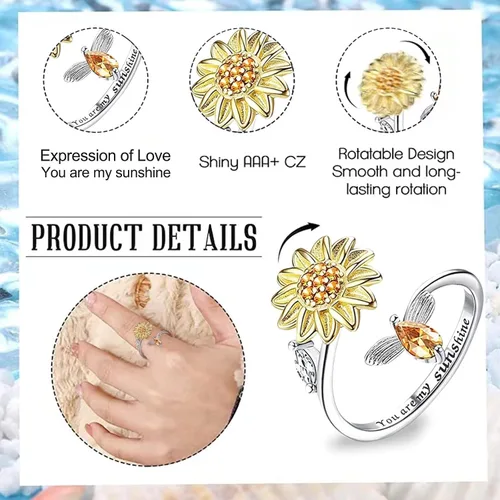 Miniatura 4 de Banemi Anillos antiestrés para la ansiedad para mujeres, anillo giratorio de flor de circonita cúbica, regalo de joyería para esposa, niña, día