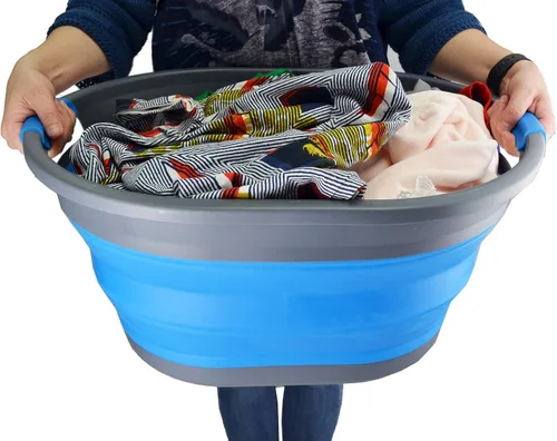 Miniatura 7 de SAMMART Cesta de plástico plegable de 32 L (8.4 galones) - Contenedor/organizador de almacenamiento plegable - Tina de lavado portátil - gris/azul