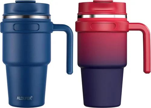 Miniatura 19 de Taza/vaso de café aislado de 20 onzas con asa, vaso de viaje de acero inoxidable con tapa y popote, vaso de doble pared con aislamiento al vacío a