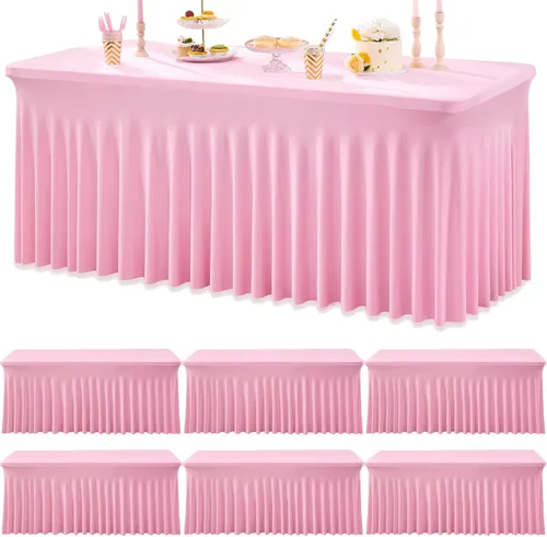 Miniatura 104 de Paquete de 2 manteles de spandex para mesas rectangulares de 8 pies, mantel elástico rosa de 8 pies, manteles ajustados, falda de mesa para fiestas