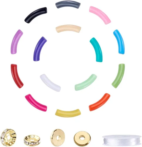 Miniatura 8 de 40 cuentas de tubo de imitación de piedras preciosas acrílicas, coloridas cuentas curvas acrílicas opacas gruesas con cuentas de disco espaciador