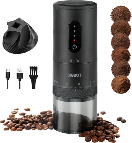 Molinillo de café eléctrico portátil, 38 ajustes de molienda externa, molienda 1.7 veces más rápida, rebabas de cerámica cónicas y batería de 2000