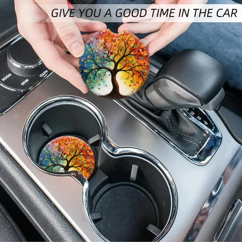 Miniatura 7 de Portavasos para automóvil, árbol de la vida con hojas, posavasos de cerámica antideslizante con agarre para la punta del dedo, accesorios interiores