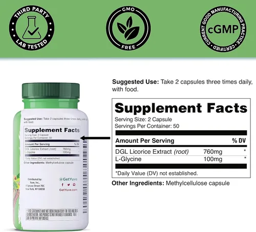 Miniatura 4 de Yuve Regaliz vegano DGL 760 mg – Suplemento de cápsulas de raíz de regaliz desglicirricinadas ultra puras – Apoya el estómago, el intestino