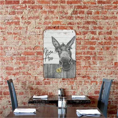 Miniatura 5 de QHOVPA Letreros de metal vintage con diseño de burro, divertido letrero de baño para baño, ilustración de pared con texto en inglés "Nice Ass