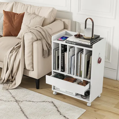 Miniatura 8 de Giantex Soporte para tocadiscos, soporte giratorio con cajón, gancho y ruedas con bloqueo, estante de exhibición de discos de vinilo con capacidad