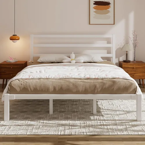 Miniatura 13 de E-Motie - Base de cama de tamaño individual, marco de cama de plataforma metálica con cabecero y estribo, espacio de almacenamiento debajo