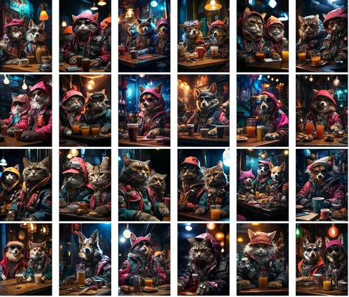 Miniatura 2 de Calcomanías grandes, 24 piezas (2.5 x 3.5 pulgadas cada uno) Gatos de pandillas y perros de pandillas sentados en el bar nocturno en Ciberpunk Town