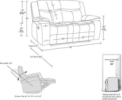 Miniatura 3 de Blackjack Furniture Marsden - Sofá biplaza reclinable de cuero moderno para sala de estar, gris plomo