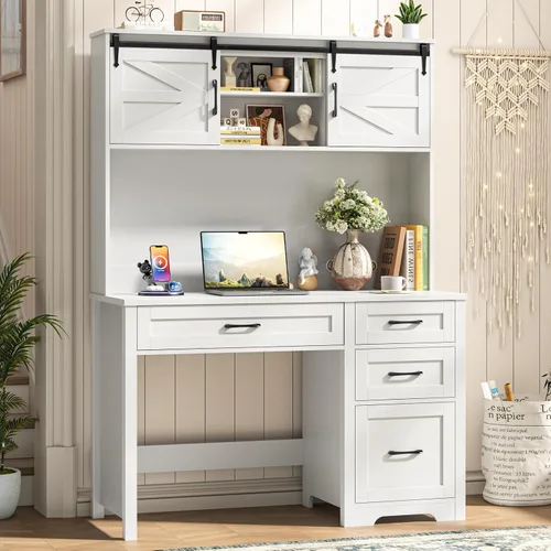 Miniatura 7 de Escritorio ejecutivo de granja de 67 pulgadas de alto con gabinete, mesa de oficina con luz LED y 4 cajones, escritorio para computadora