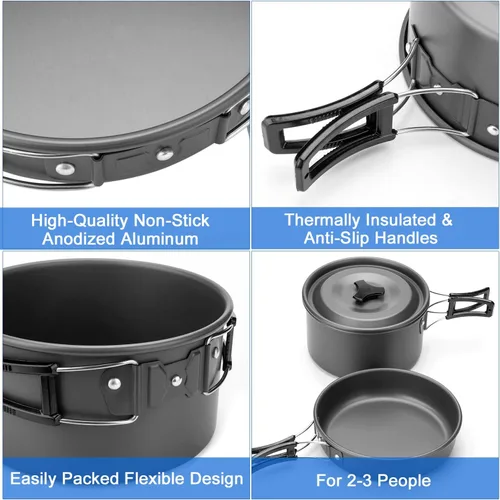 Miniatura 8 de Odoland Kit de utensilios de cocina para camping, olla ligera con 2 tazas, kit de cuchara de tenedor de acero inoxidable, gris para mochileros