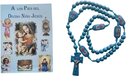 "A Los Pies Del Divino Nino Jesús" Libro de Rezo con Rosario Azul de Madera con La Imagen del Niño Divino