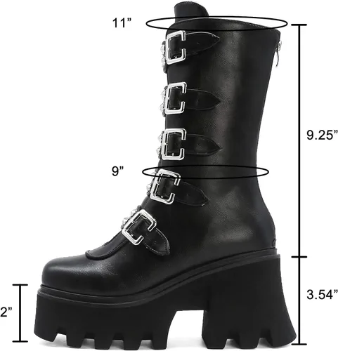 Miniatura 5 de YIYA - Botas de combate a media pantorrilla con estoperoles para mujer, botas de plataforma góticas negras, botines de plataforma con hebilla