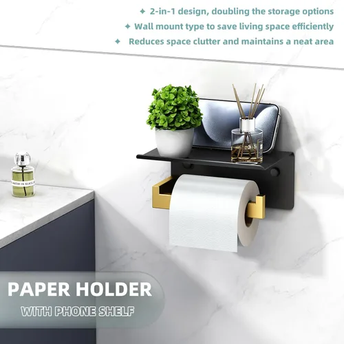 Miniatura 3 de Soporte de papel higiénico con estante para teléfono, color negro y dorado, dispensador de rollos de papel de acero inoxidable APLusee 304