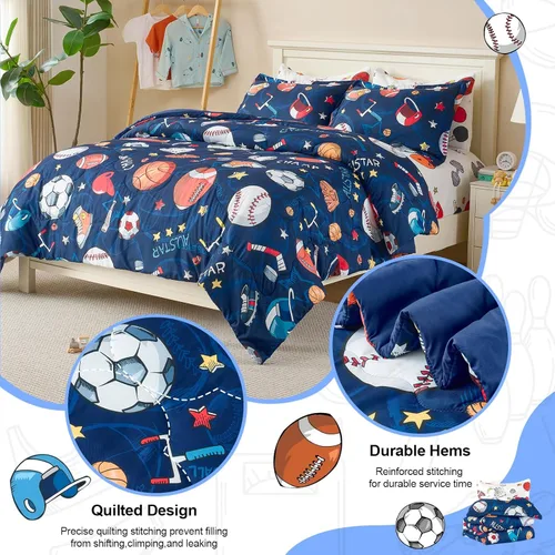 Miniatura 2 de Juego de edredón deportivo de 7 piezas para niños, suave y esponjoso, juego de ropa de cama de béisbol, tamaño individual con diseño de fútbol 3D