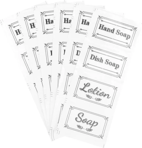 Garneck 6 hojas de etiquetas de jabón impermeables transparentes autoadhesivas para botellas extraíbles para dispensadores de jabón de manos, baño y
