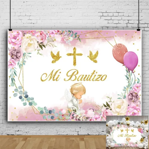 Miniatura 11 de Mi Bautizo - Telón de fondo de bautismo de 7 x 5 pies, decoración de bautizo para la primera comunión, flor azul, lindo ángel Dios bendiga fondo
