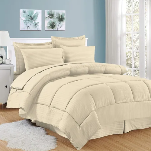 Juego de cama (8 piezas) con funda, estampado de rayas; juego de sábanas, borde y juego decorativo para cama grande, Beige, King