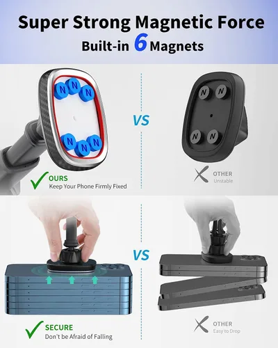 Miniatura 4 de APPS2Car Soporte magnético para teléfono, con ventosa para parabrisas de tablero de instrumentos con 6 imanes fuertes, brazo telescópico ajustable