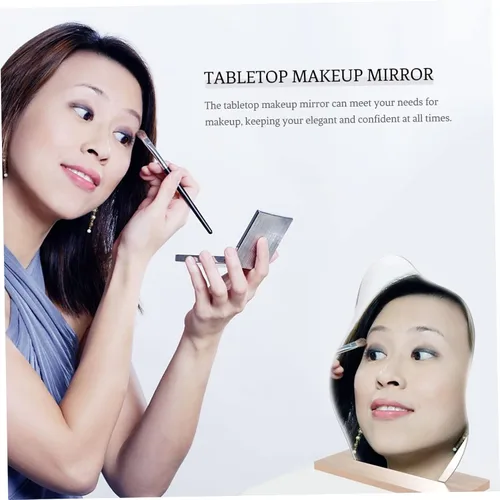 Miniatura 9 de Espejo de maquillaje de escritorio irregular con soporte, espejo de tocador plateado estético para mujer, diseño compacto con función de aumento