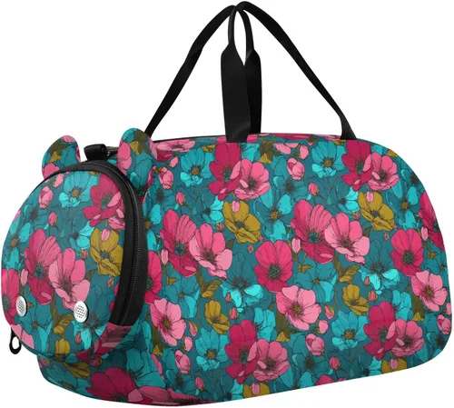 Buttercup Turquoise Fuschia Line Drawing Gym Duffel Bag with Shoes Compartment Large Capacity Travel Duffel Bag for Beach Swim Bags Pool Sports