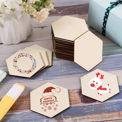 Miniatura 5 de 100 piezas de madera hexagonal sin terminar, recortes de madera en blanco con forma de hexágono, losas de madera natural, recortes