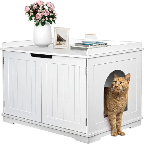 Miniatura 11 de Zeny – Armario para caja de arena para gatos, gabinete de madera con divisor, banco de almacenamiento moderno, se adapta a la mayoría de cajas