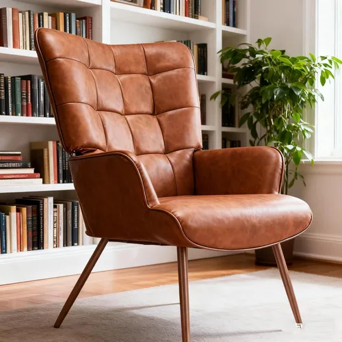 Miniatura 3 de Kosydown Silla de Acento de Cuero PU, Silla de Respaldo Alto con Alas, Asiento Individual Cómodo, Elegante Silla de Acento Capitoné para Sala