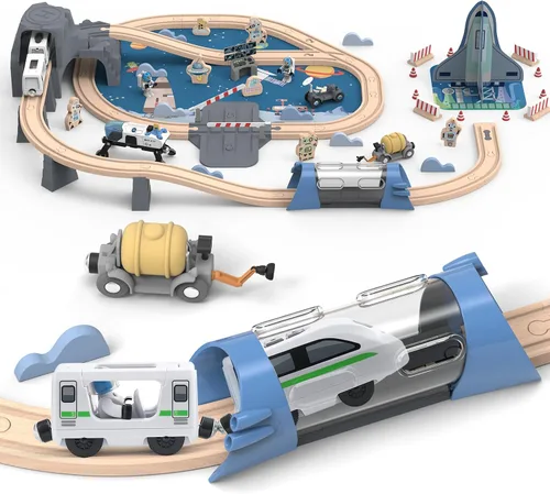Miniatura 8 de Juego de Tren de Madera de 104 Piezas para Niños Pequeños, Trenes Magnéticos con Vía para Niños de 3 a 6 Años, Compatible con las Principales