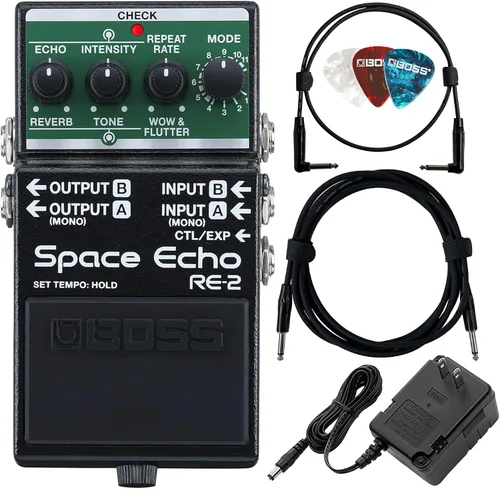 Miniatura 8 de Boss RE-2 Space Echo Delay and Reverb Effects Bundle con cable de instrumento Gearlux, cable de conexión y púas