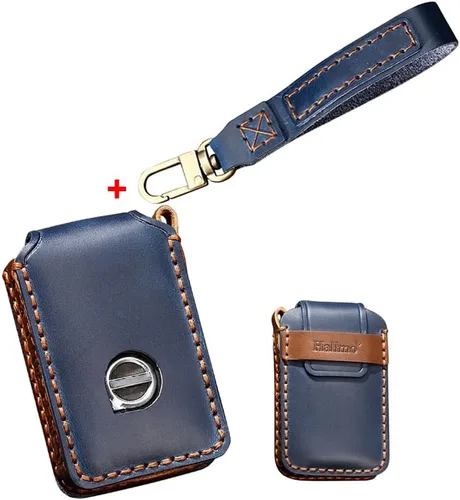 Leder - Funda para llave de coche con llavero para Volvo XC90 S90 V90 XC60 Volvo XC40 Funda para llave de coche 4 botones, Azul