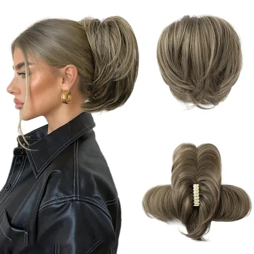 Miniatura 9 de HOOJIH - Pieza de cabello con moño desordenado, clip de garra en moño de cabello liso de 9 pulgadas, extensión de cola de caballo corta con alambre