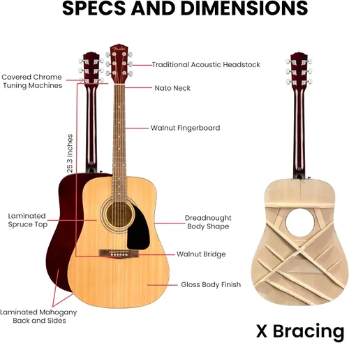 Miniatura 9 de Fender Guitarra acústica Dreadnought - Paquete natural con estuche, afinador, cuerdas, correa y púas