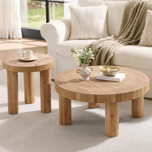 RUSTOWN Mesa auxiliar redonda de 2 piezas, juegos de mesa auxiliar rústica, acabado de anillo de madera circular con patas de madera maciza, juego