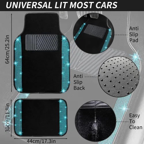 Miniatura 4 de NBTEPEM Juego completo de alfombrillas brillantes para piso de automóvil y funda para volante, ajuste universal para la mayoría de los automóviles