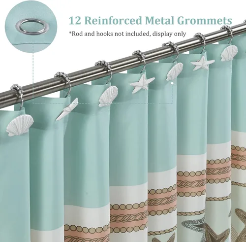 Miniatura 2 de Tremiti Aqua Ocean - Cortina de ducha de poliéster con estrellas de mar a rayas, impermeable, tela con estampado de mar, color verde, para baño, 72