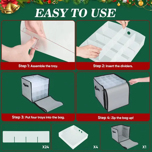 Miniatura 8 de BALEINE Caja de almacenamiento de adornos navideños con divisores, contenedor de almacenamiento de adornos navideños de alta calidad para Rojo