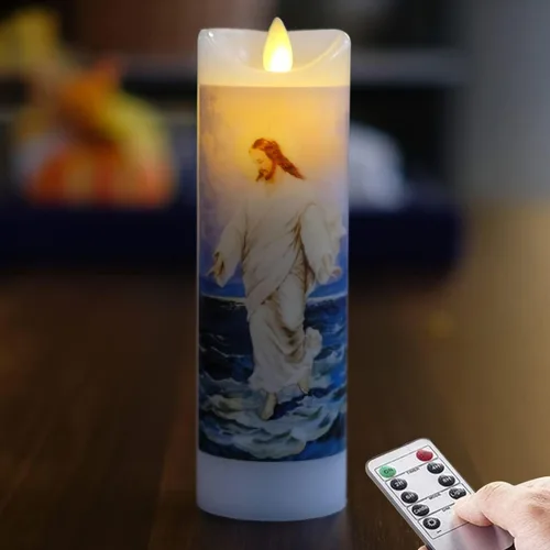 NONNO & ZGF Moving Wick - Vela de oración sin llama Jesús, cera real, velas parpadeantes brillantes con función de temporizador remoto, funciona con