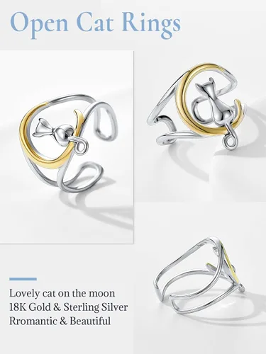Miniatura 7 de SILVERCUTE Women Cat Ring 925 Sterling Silver 18K Gold Plated Cat on The Moon Cute Wrap Ring Adjustable