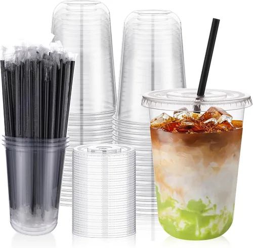 Miniatura 9 de tchrules Juego de 50 vasos de plástico negro de 16 onzas con tapas y pajitas, vaso de café helado desechable con tapa, vasos de plástico de fondo