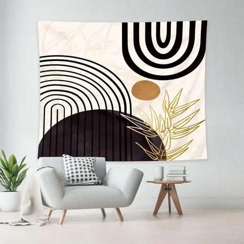 Miniatura 2 de KOMLLEX Mid Century Abstract Tapestry 59Wx51H Boho Neutral Arch Sun Leaves Minimalist Modern Geometric Simple Black Gold Aesthetic Wall Hanging
