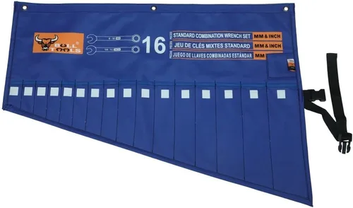 Miniatura 5 de Juego de llaves organizador de herramientas con 16 bolsillos para juego de herramientas, métricas y SAE, duradero, resistente, lona de algodón, Azul